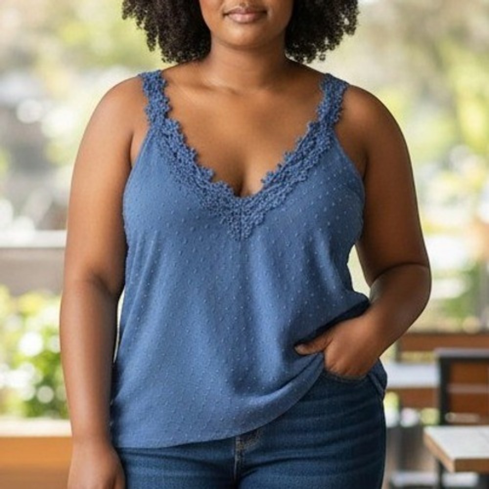 Women 3XL Blue Swiss Dot Lace Trim V-Neck Cami Top